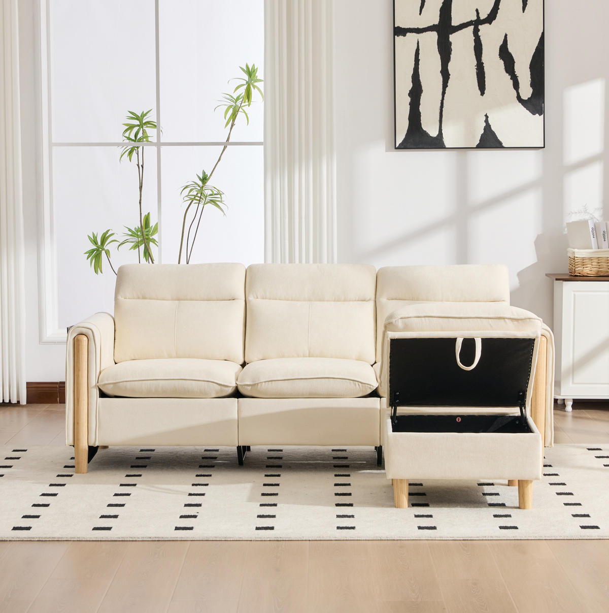 SOFA mit Stauraum und Hocker 201 cm Beige - Beige, Holz (77/201cm) - Meubliv