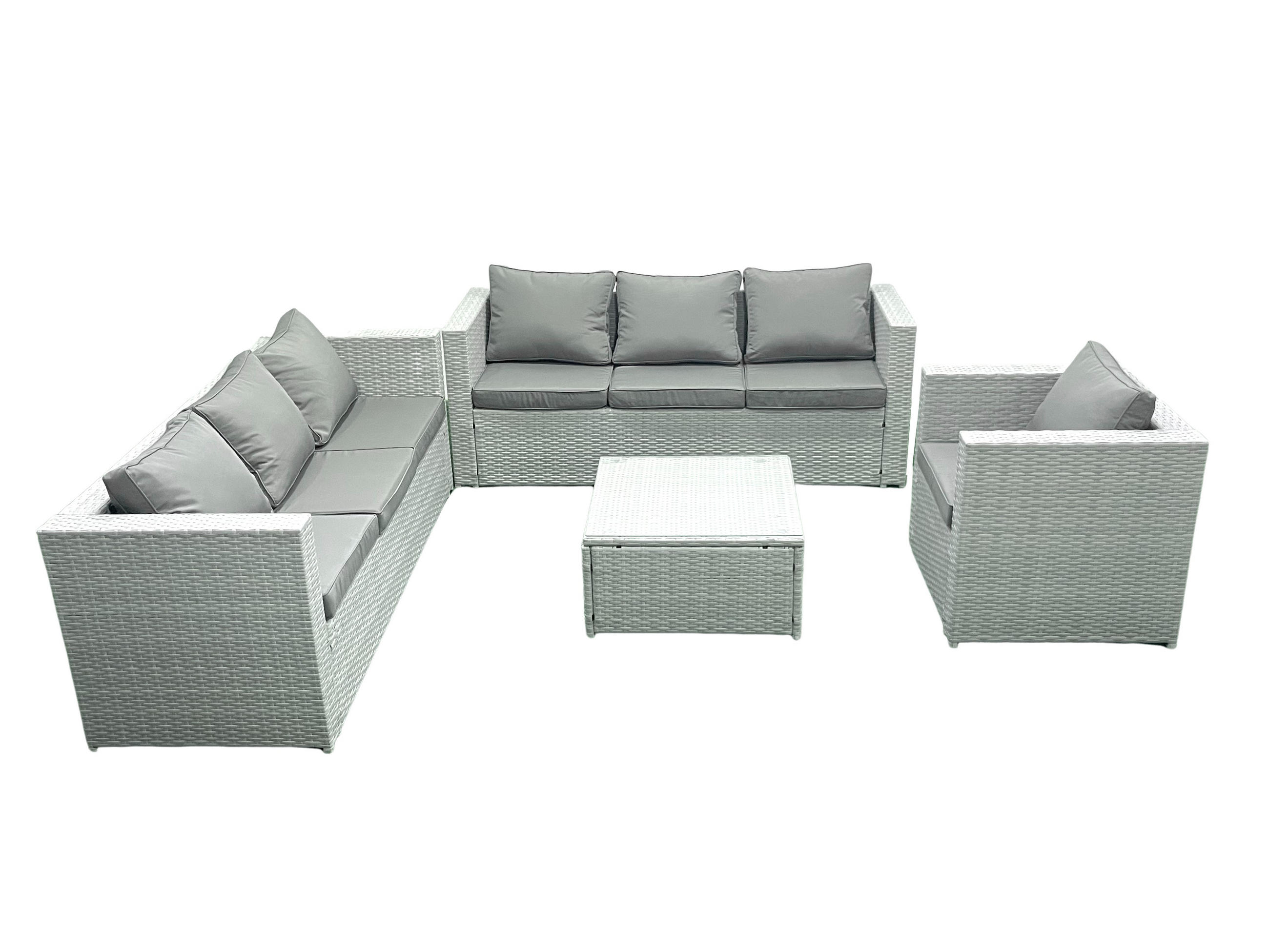 GARTENMÖBEL-SET mit Kissen Polyrattan Hellgrau-Mix 7-Sitzer - Hellgrau/Grau, Glas/Kunststoff - Fimous