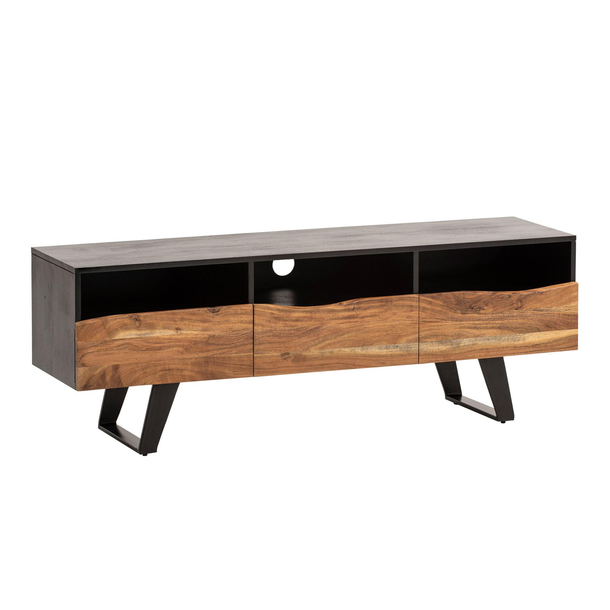 LOWBOARD Akazie Massivholz Modern Stil 140x50x40 cm Baumkante mit Schublade und Türen - Schwarz, Holz/Metall (140/50/40cm) - KADIMA DESIGN
