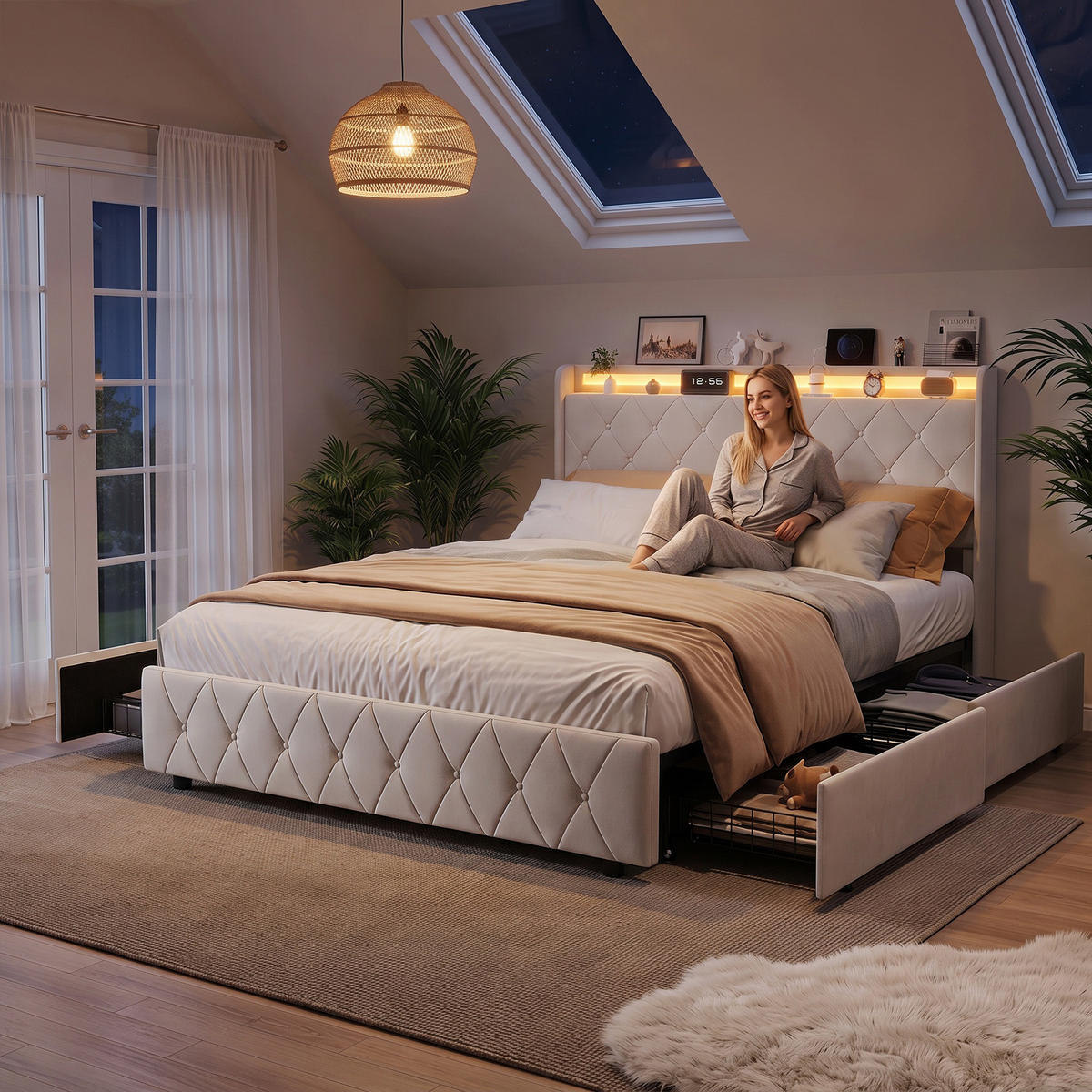 POLSTERBETT 160x200 cm, LED-Beleuchtung Doppelbett mit Ladefunktion und 4 Schubladen, Samt, beige - Beige, Holz/Holzwerkstoff (160/200cm) - GENKI LIVING
