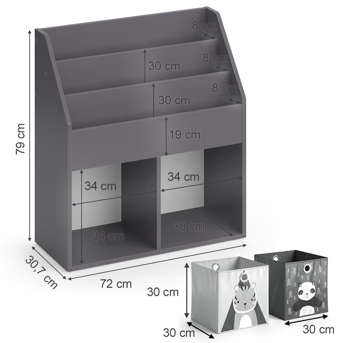 KINDERREGAL Luigi Grau 72 x 79 cm mit 2 Faltboxen opt.2 - Grau, Holzwerkstoff (72/79/30.7cm) - Vicco