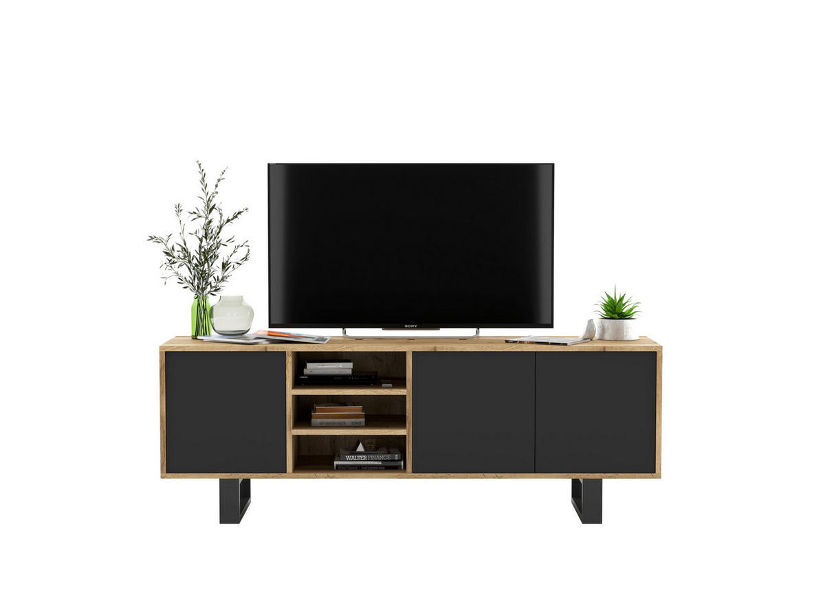 TV-LOWBOARD Apollo Eiche wotan Schwarz Matt mit Metallbeinen 150 cm - Schwarz, Holzwerkstoff/Metall (150/53/35cm) - Meble Lindner
