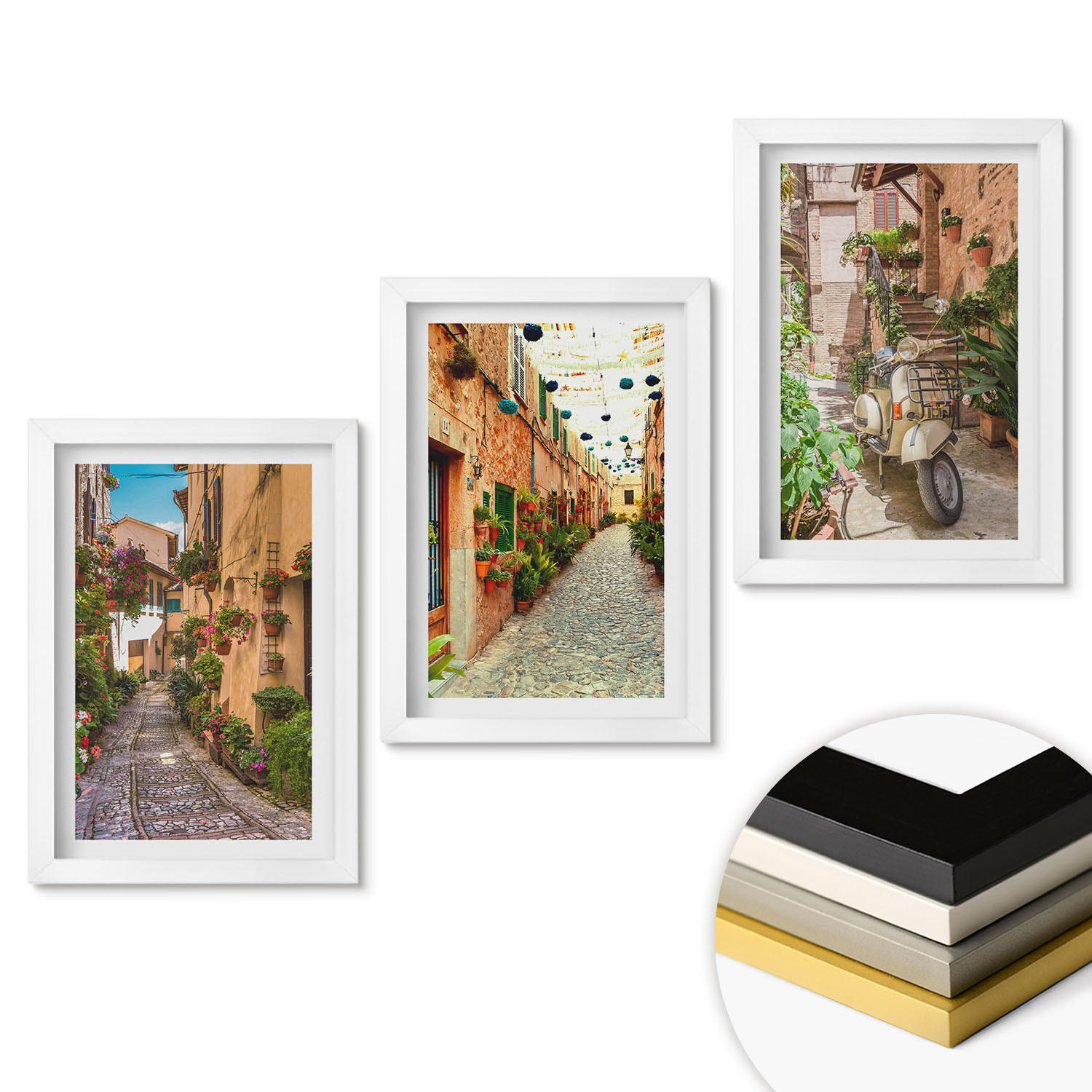 WANDBILDER 3er-Set - 20x30 cm Weißer Rahmen - Straßen, Blumen, italienisches Flair - Weiß, Kunststoff (20/30cm) - ArtPrintCave