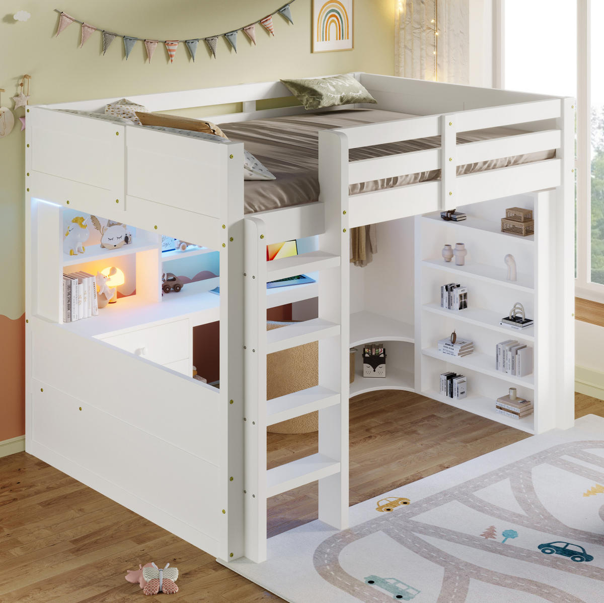 HOCHBETT 140/200 cm aus Kiefer mit LED-Beleuchtung Schreibtisch und Stauraum Weiß - Weiß, Holzwerkstoff (140/200cm) - Modenvie