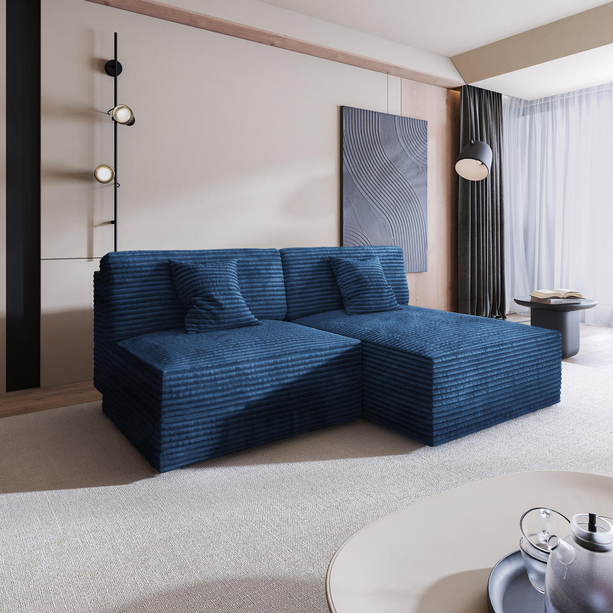 ECKSOFA FIORO Blau Kordstoff mit Schlaffunktion - Blau, Holz (204/148cm) - MASSENO