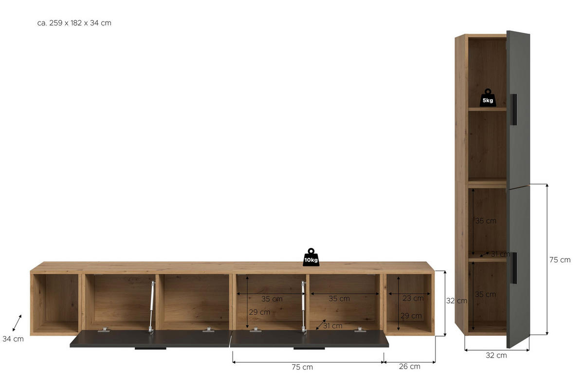 WOHNWAND Primo 5 tlg. (B/H/T: ca. 259/182/34 cm) in Artisan Oak /Basalt grau - Eiche Artisan, Holzwerkstoff (259/182/34cm)