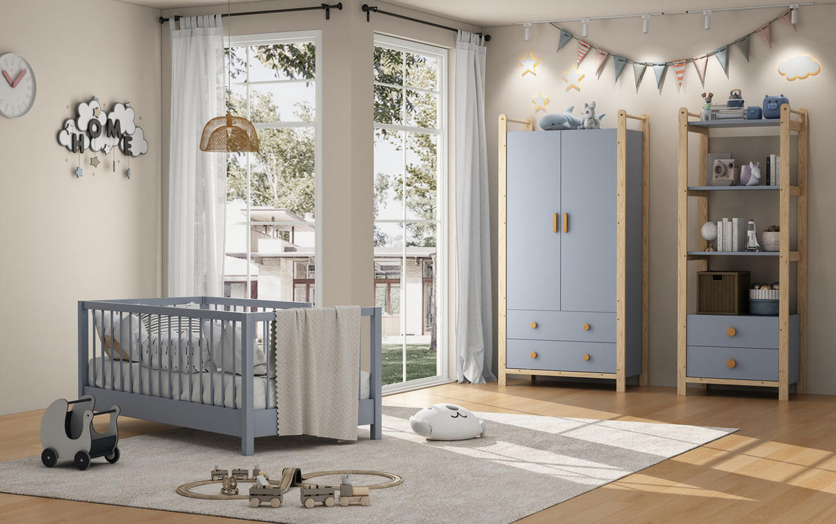 KLEIDERSCHRANK 89,6/44/180,5 cm blau/khaki aus Holzwerkstoff und Kiefer mit Kleiderstange und 2 Schubladen - Blau, Holzwerkstoff (44/180.5/89.6cm) - OKWISH