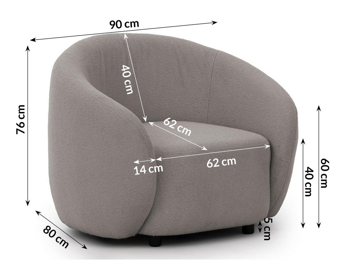 SESSEL Roundi Grau Bouclé - Schwarz/Grau, Holz/Kunststoff (90/76/80cm) - S-Style Möbel