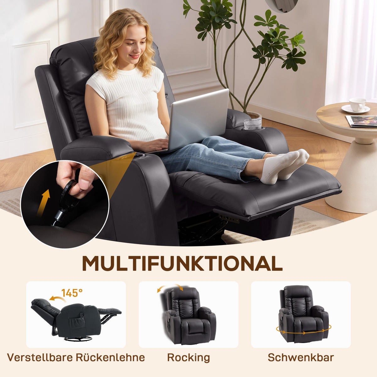 RELAXSESSEL elektrisch verstellbar Massagesessel mit Liegefunktion, Heizung - Dunkelbraun/Hellgrau, Textil (82/103/99cm) - HOMCOM