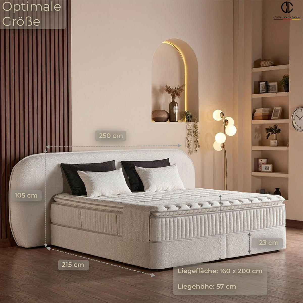BOXSPRINGBETT MIT BETTKASTEN BALI 160/200 cm, Ivory, Bettkasten, Matratze, Topper integriert, H3 mittel 7-Zonen Matratze - Creme/Schwarz, Holz/Kunststoff (160/200cm) - Consilio Concept