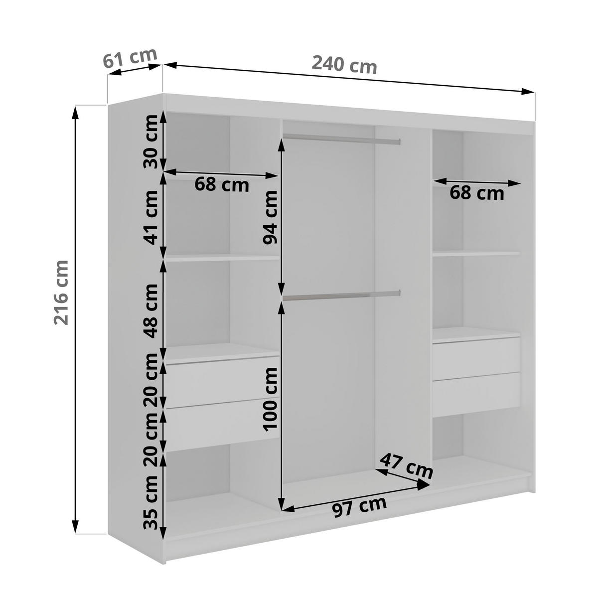 SCHWEBETÜRENSCHRANK mit Lamellen und Schubladen LUMOS - 240 - Weiß und Eiche Artisan - Alufarben/Weiß, Holzwerkstoff/Metall (240/216/61cm) - MKS