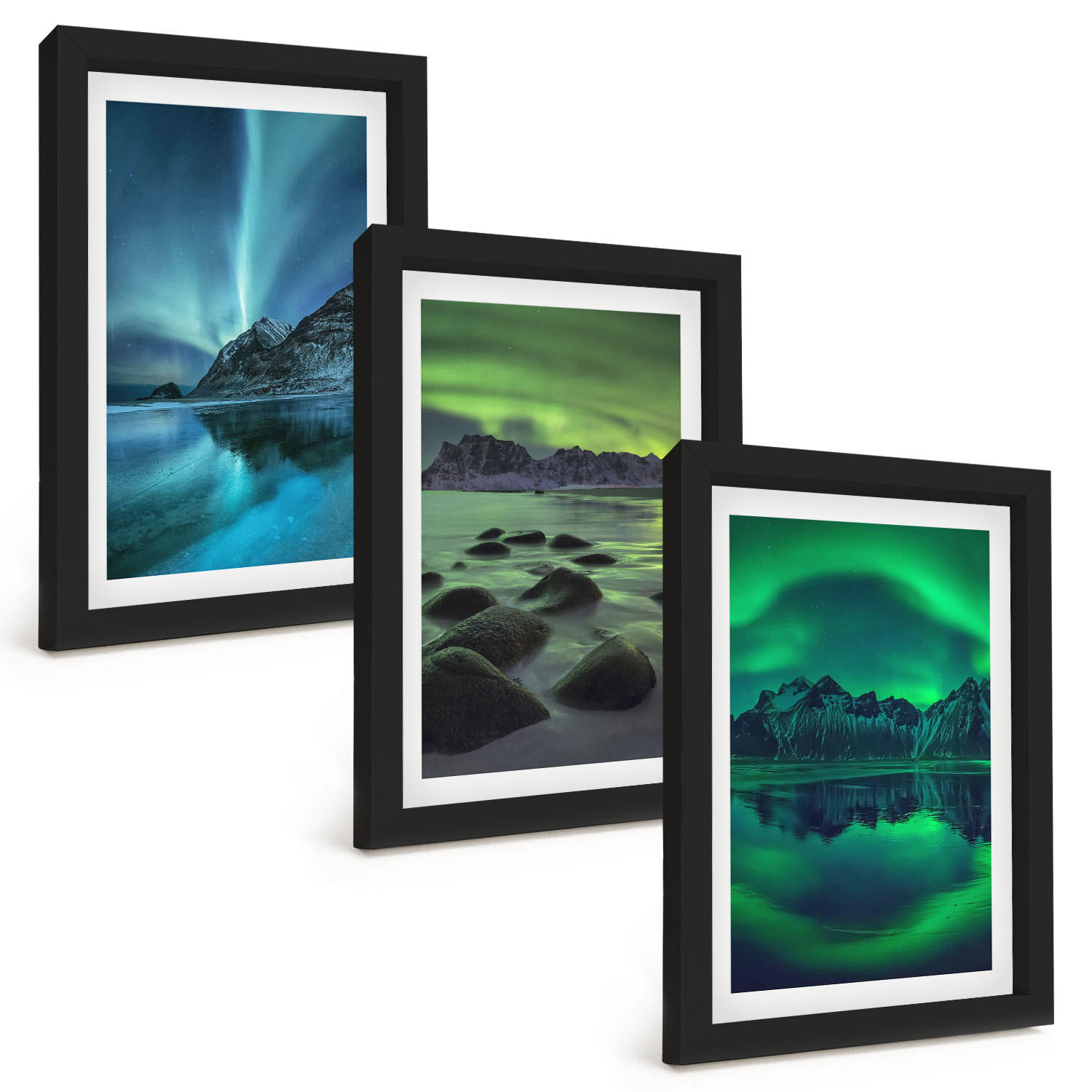 BILDER SET 3er Set - 20x30 cm Schwarzer Rahmen - Winterlandschaft der Aurora borealis - Schwarz, Kunststoff (20/30cm) - TULUP