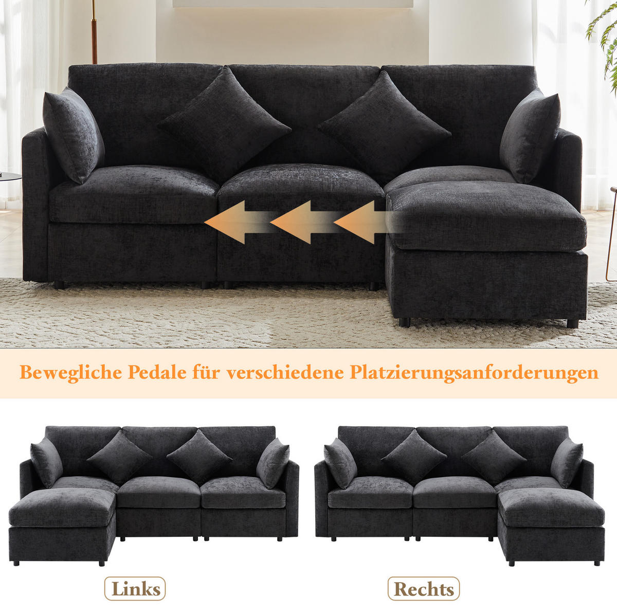 ECKSOFA Chenille mit Hocker 216/161/81 cm Grau abziehbare Sitzkissen - Grau, Textil (161/216cm) - Redom