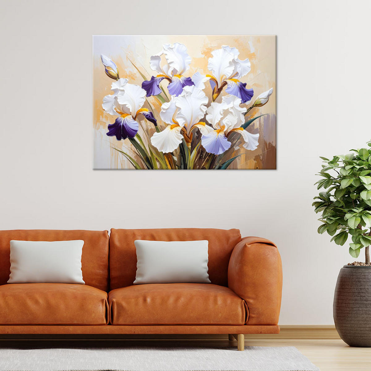 LEINWANDBILD Weiße Iris Blumen auf abstraktem beigem Hintergrund 120x80cm - Beige, Textil (120/80cm) - Feeby