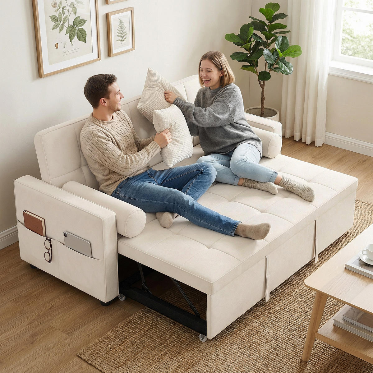 SCHLAFSOFA 2-Sitzer DE-14660 3-in-1 & 7-fach verstellbar Beige - Beige, Metall (137.5/84/80.5cm) - ComfortXL