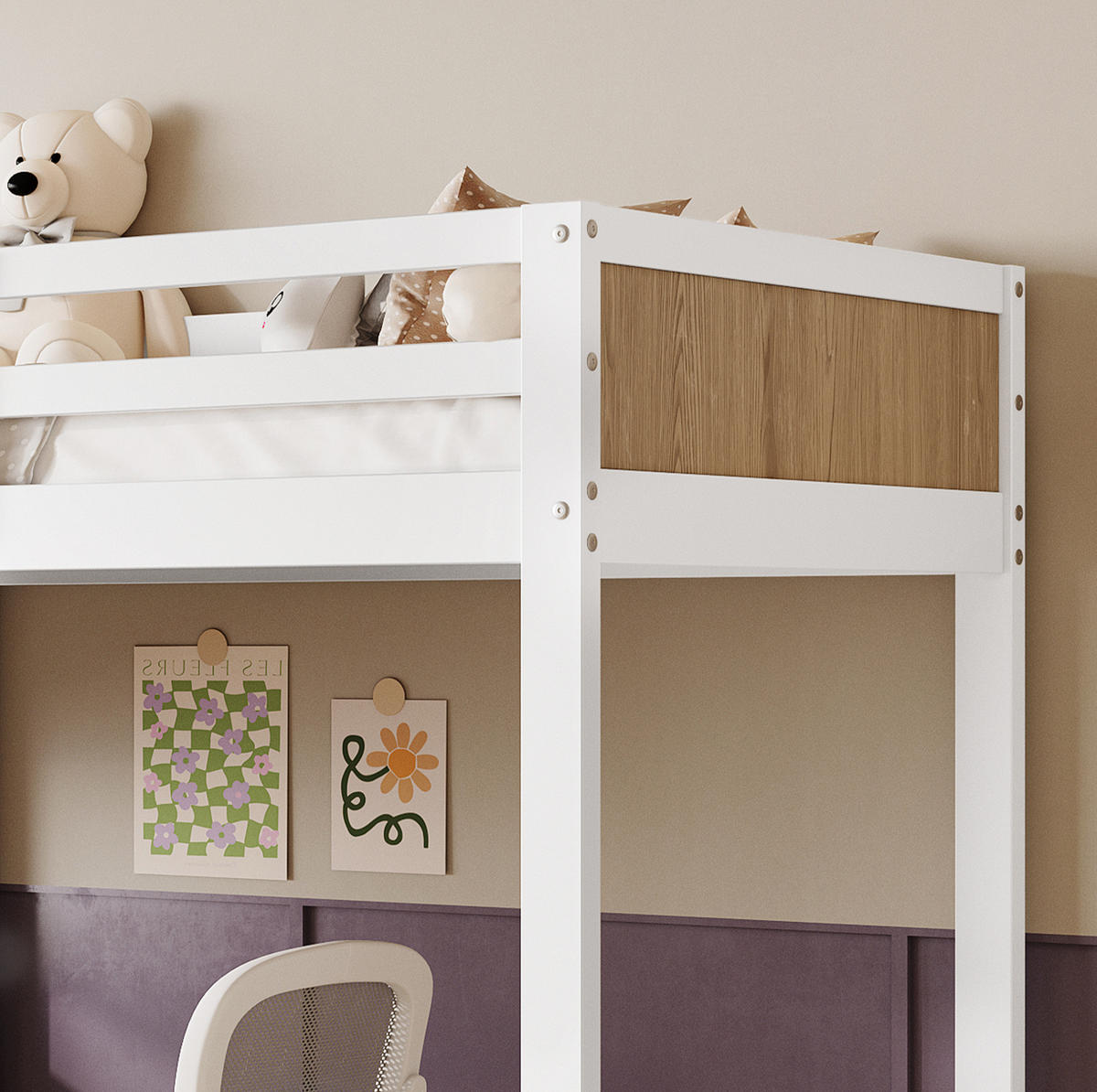 HOCHBETT 90/200 cm Weiß/Natur mit Schreibtisch und Stauraumtreppe - Weiß, Holzwerkstoff (90/200cm) - Flora Grace