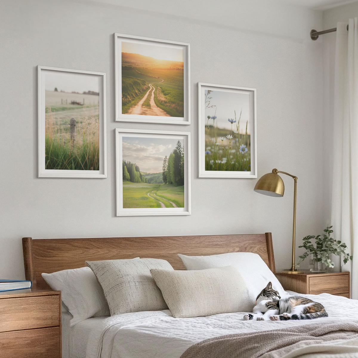 BILDER SET 4er Set - 50x50 cm & 40x60 cm Weißer Rahmen - Landschaften Natur Felder Sonne - Weiß, Kunststoff (50/50cm) - TULUP