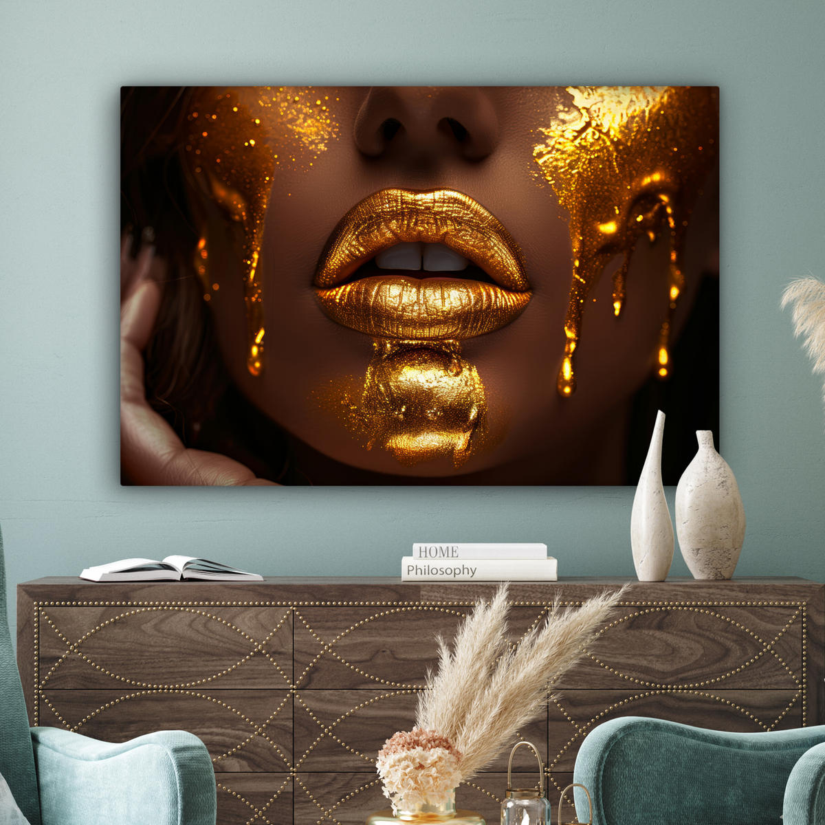 LEINWANDBILD Frau - Gold - Luxus - Porträt Wohnzimmer Groß 120x80 cm - Goldfarben, Textil (120/80cm) - MuchoWow