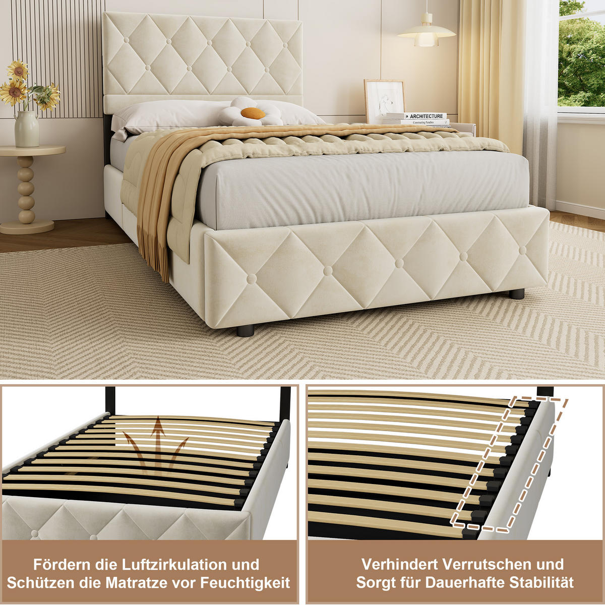 POLSTERBETT 90/200 cm mit Matratze und Bettkasten in Beige aus Samtstoff Bettgestell mit Metallrahmen - Beige, Holzwerkstoff/Textil (90/200cm) - STILVORA