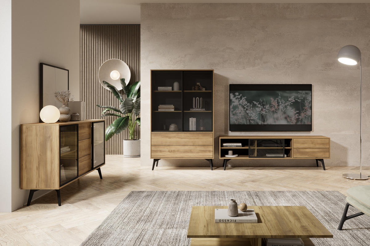 VITRINE ESTEVAN WIT1 Schiebetüren aus Glas Eiche Gold Eiche Gold - Honigeiche/Eichefarben, Holz/Holzwerkstoff (100/165/39cm) - Komodee