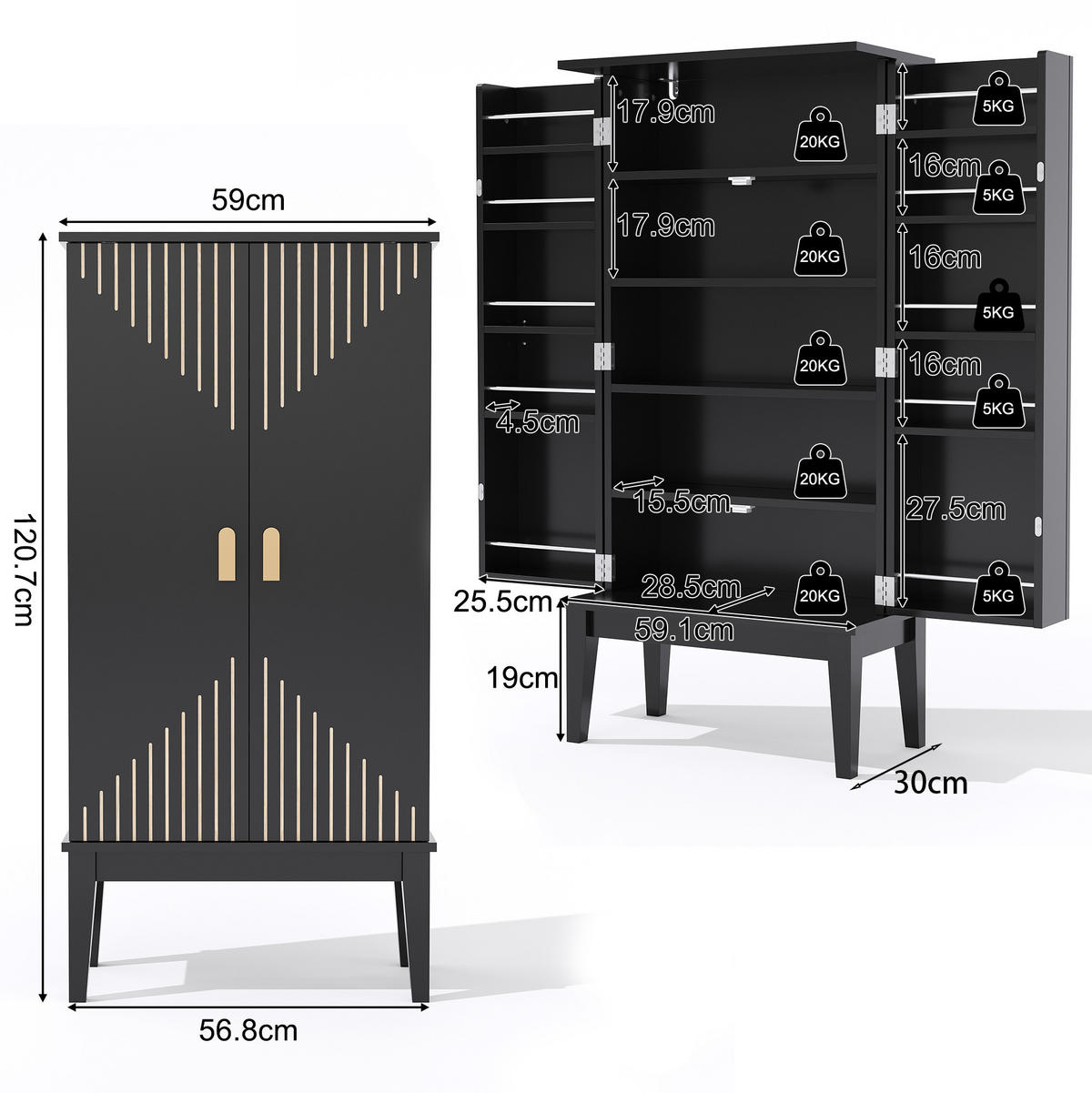 DONJI kuhinjski element, 120/59/30 cm, MDF crni, s 5 polica i prostorom za odlaganje u vratima - crna, drvni materijal (59/120/30cm) - BEAOK