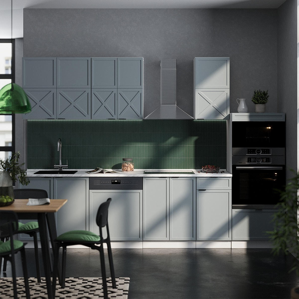 KITCHENETTE Fame-Line Albastru deschis-gri/alb 300 cm cu dulap înalt, fără blat - albastru deschis/alb, compozit lemnos (300/153.6/51.6cm) - Vicco
