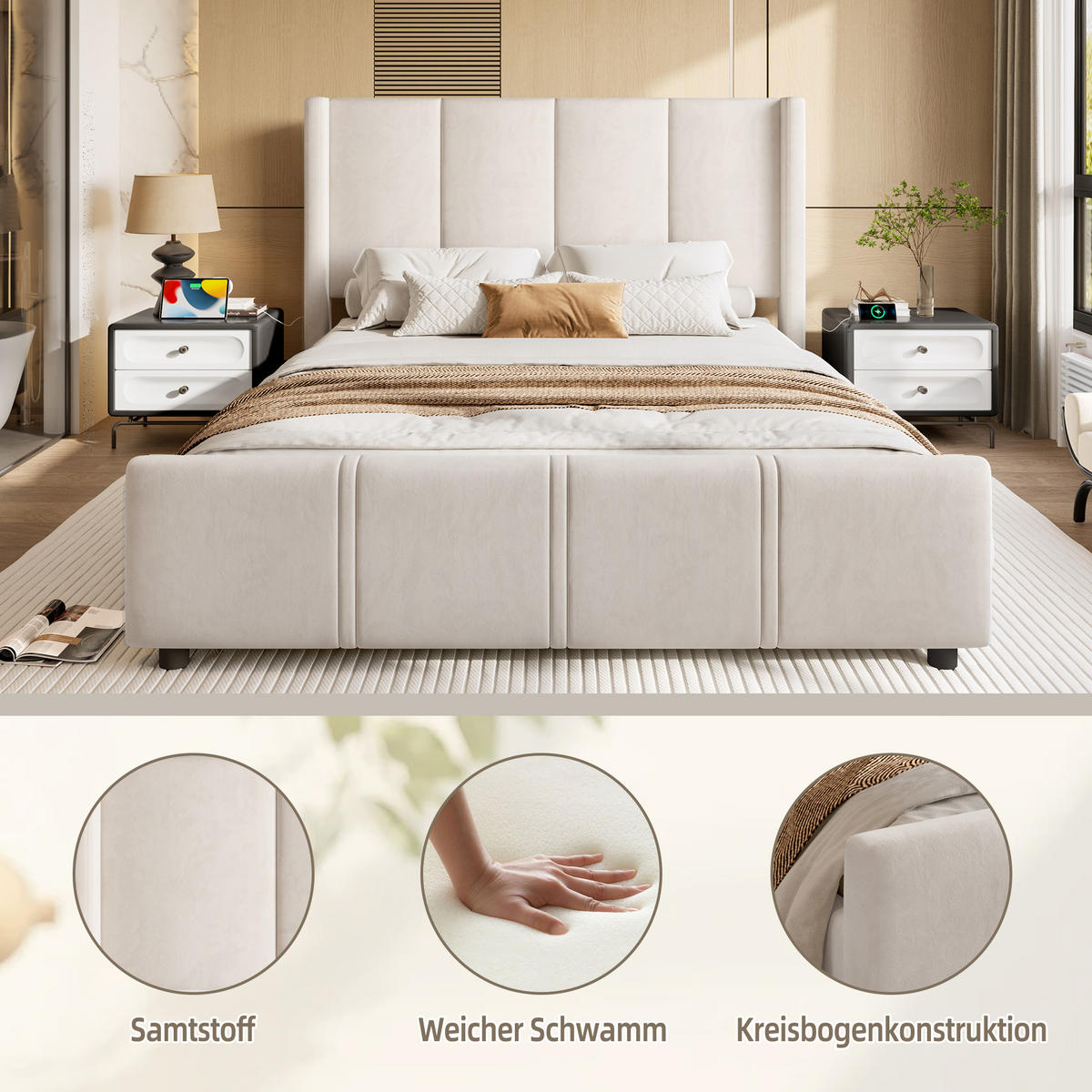POLSTERBETT 140x200 cm USB beige - Beige, Textil (140/200cm) - LEBENLANG