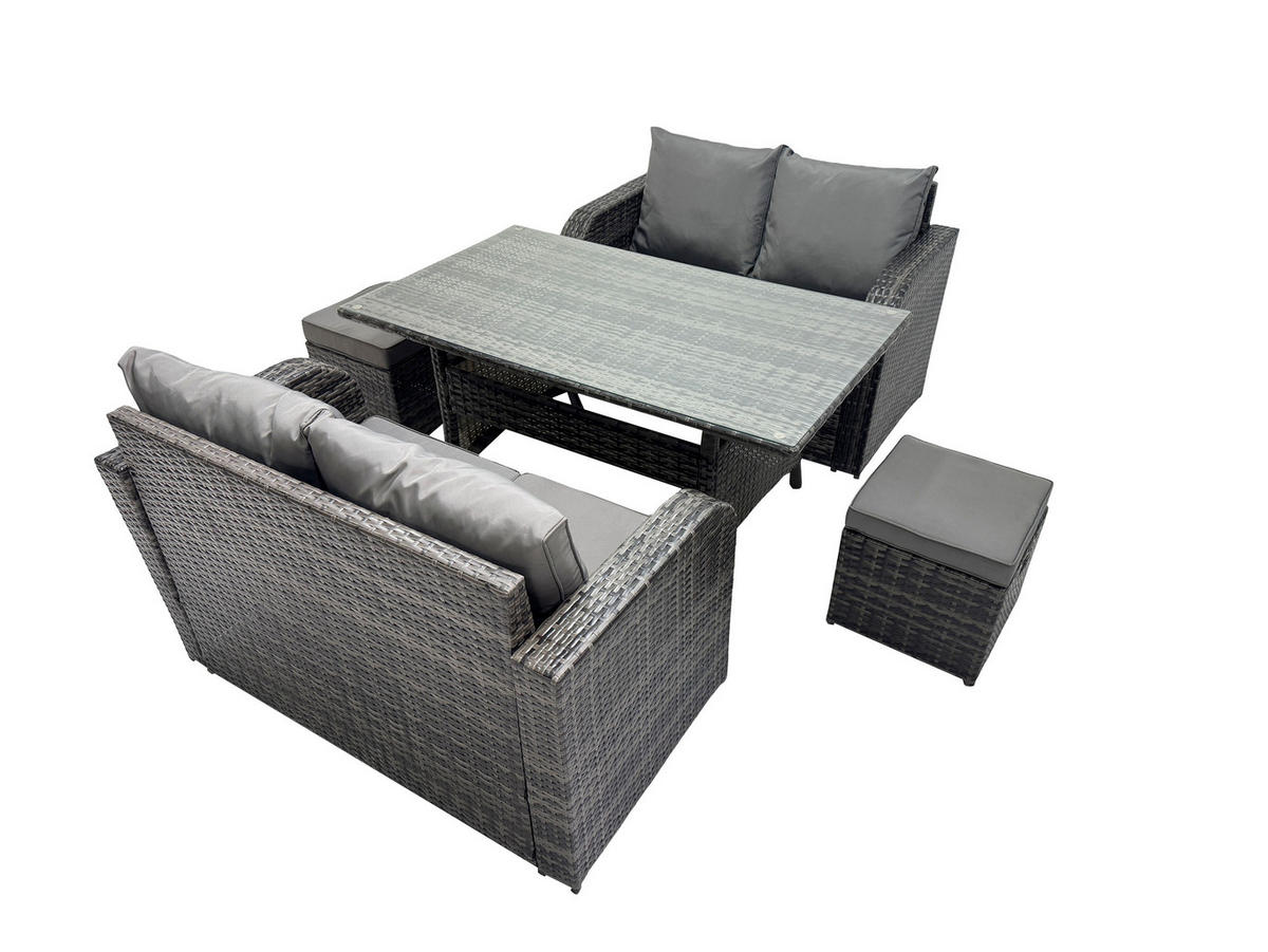 GARTENMÖBELGARNITUR mit Esstisch Polyrattan Dunkelgrau 6-Sitzer - Dunkelgrau/Grau, Glas/Kunststoff - Fimous