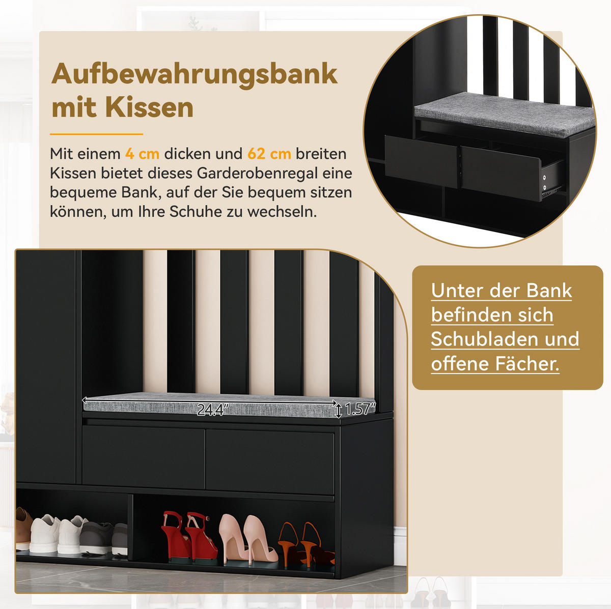 GARDEROBE 100/180/35 cm Schwarz aus MDF mit Sitzbank und Stecktafel - Schwarz, Holzwerkstoff (35/180/100cm) - OKMYHOME