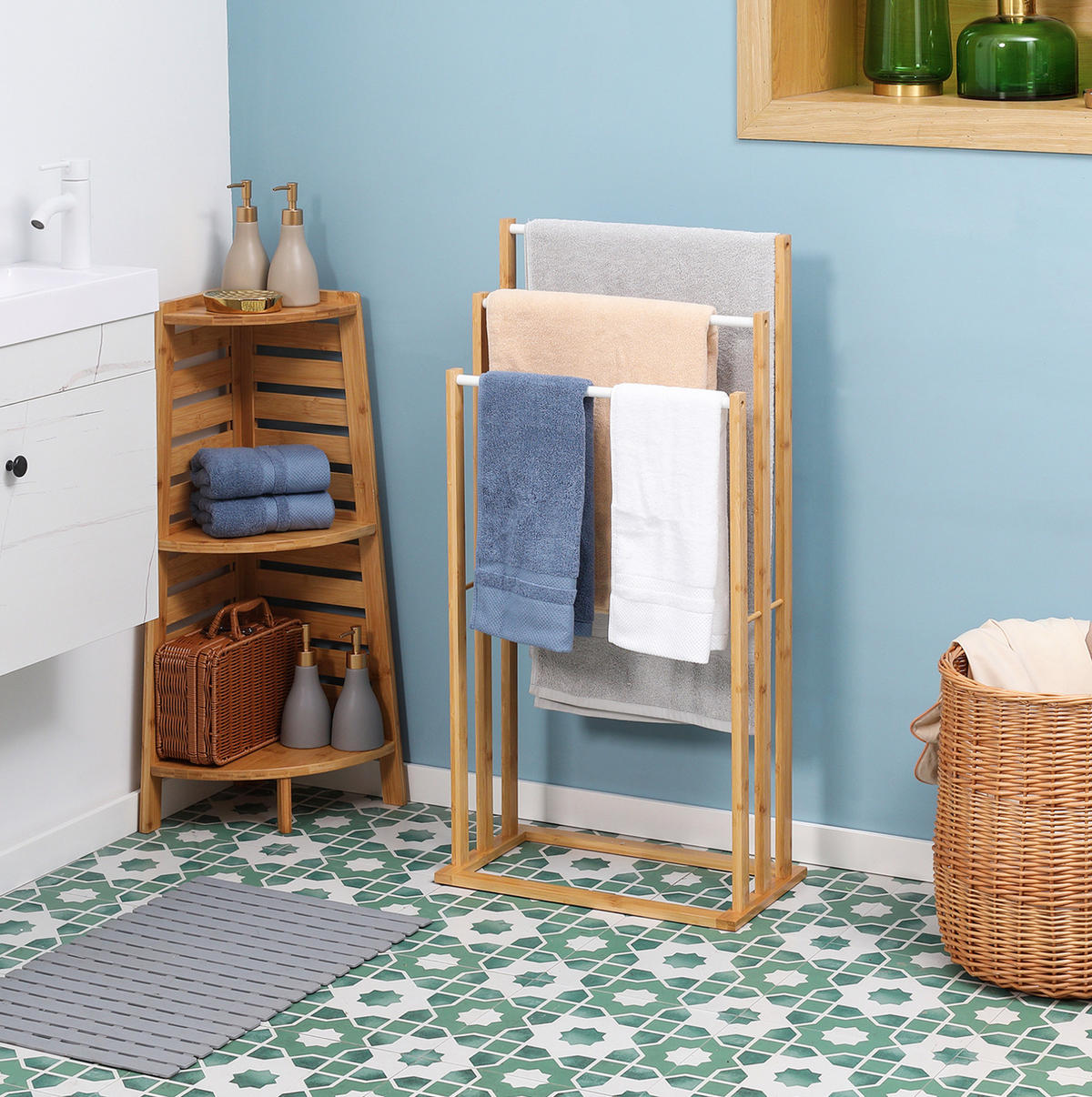 HANDTUCHSTÄNDER 48x25.8x94 cm Natur aus Bambus mit 3 Ebenen & freistehend - Naturfarben, Naturmaterialen (25.8/94/48cm) - Modfu