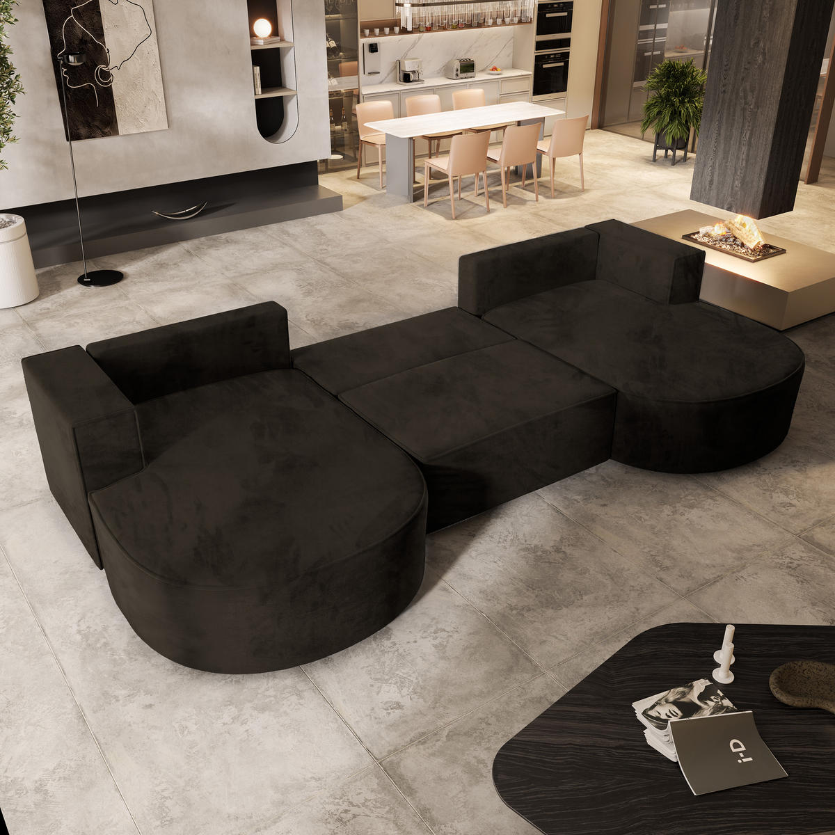 WOHNLANDSCHAFT VEZZO M Braun Velours-Stoff mit Schlaffunktion - Braun, Holz (347/85/174cm) - MASSENO