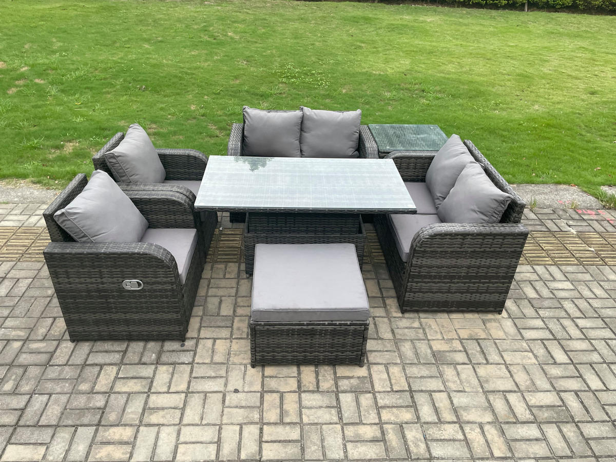GARTENTISCHGRUPPE Polyrattan 7-Sitzer - Dunkelgrau/Grau, Glas/Kunststoff - Fimous