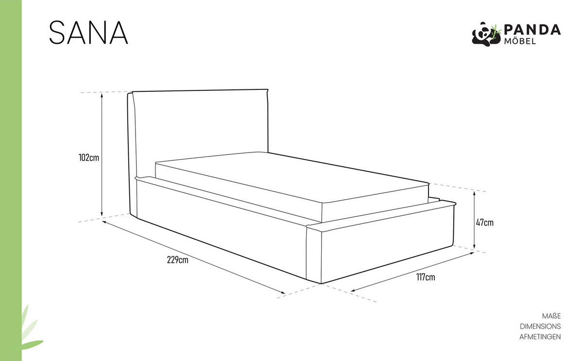 POLSTERBETT SANA 90x200cm Elegantes Polsterbett für modernen Wohnstil , 7-Zonen-Taschenfederkernmatratze mit kokos ARLAN (21 cm), Currygelb - Grün, Holz (90/200cm) - Panda Möbel