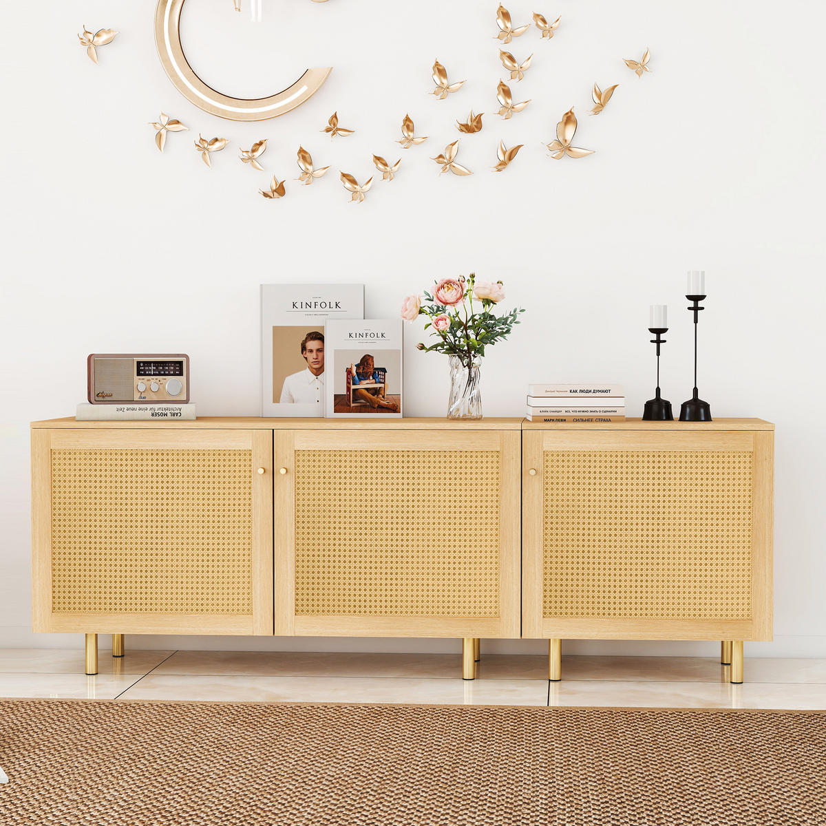 SIDEBOARD 180/40/63 cm mit 3 Türen in Naturholzoptik und goldfarbenen Griffen - Naturfarben, Holzwerkstoff (180/63/40cm) - BEAOK