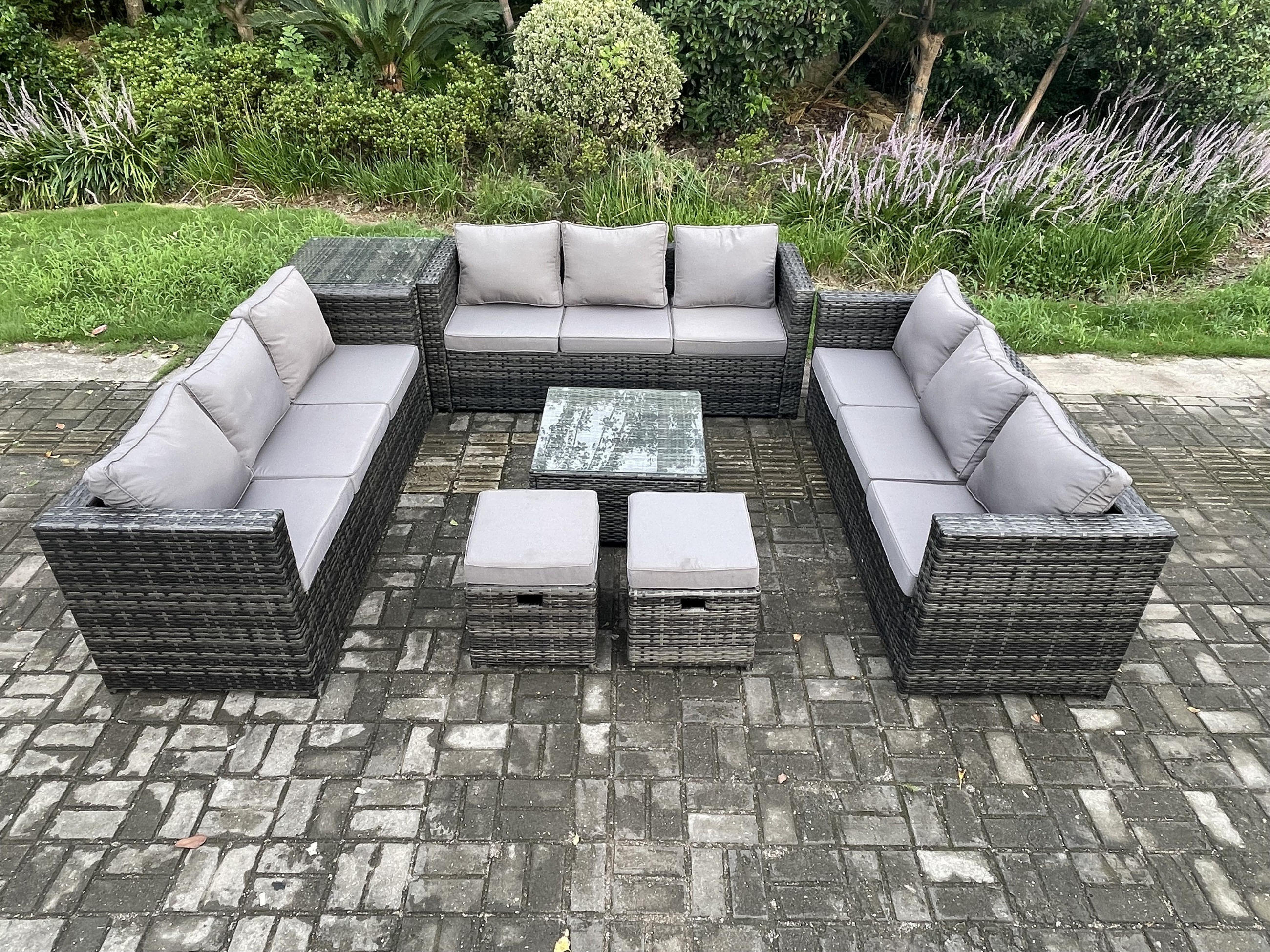 GARTENTISCHGRUPPE Polyrattan 11-Sitzer - Dunkelgrau, Metall - Fimous
