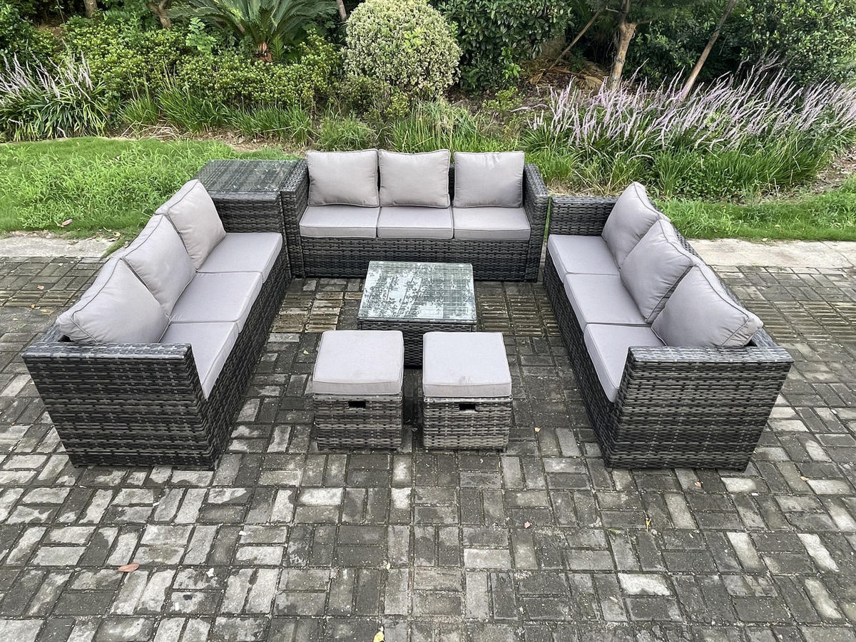 GARTENTISCHGRUPPE Polyrattan 11-Sitzer - Dunkelgrau, Metall - Fimous