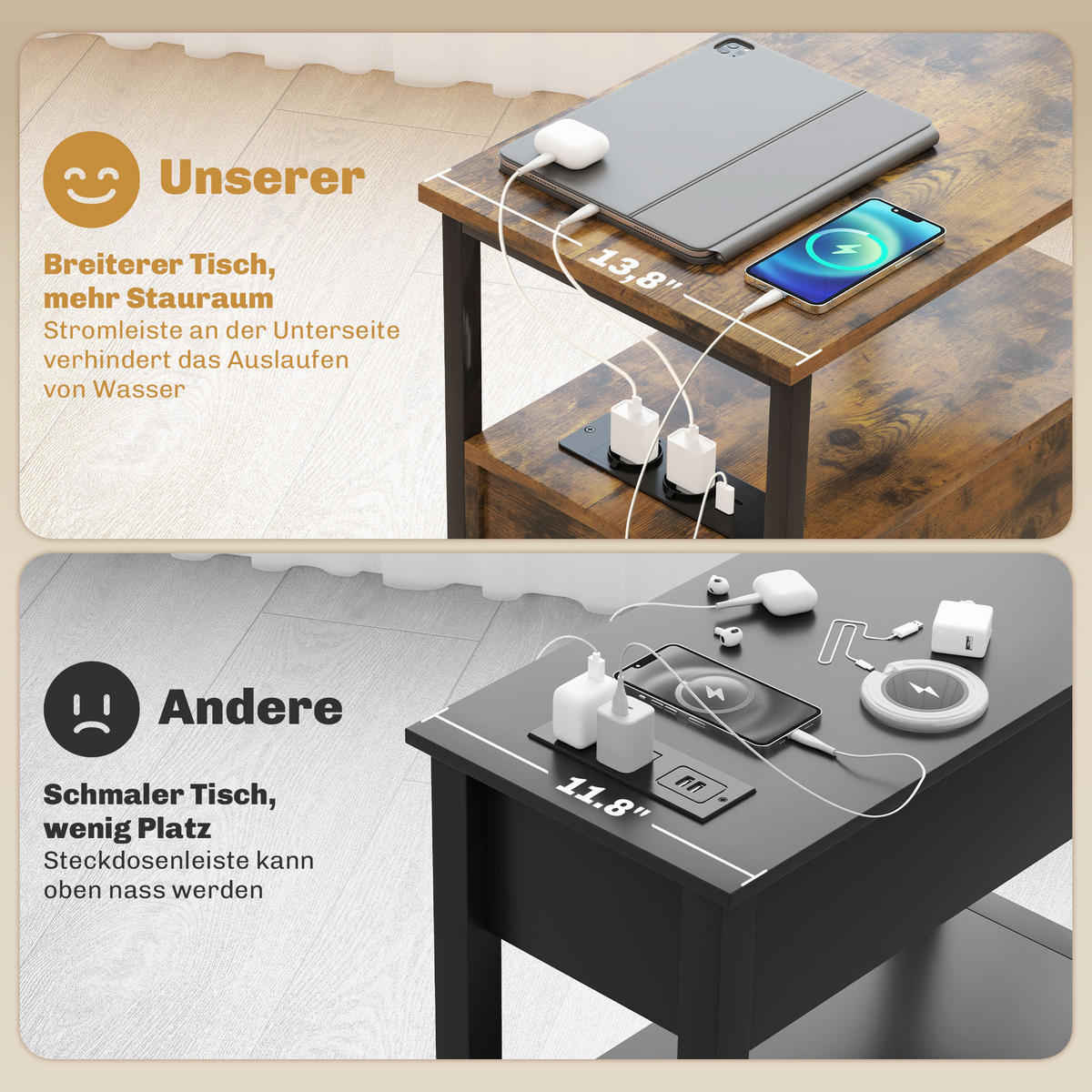 BEISTELLTISCH Couchtisch mit Aufladestation, USB-Anschlüssen und Steckdosen, Rustikal-Braun - Braun, Holzwerkstoff (35/55/58.5cm) - HOMCOM