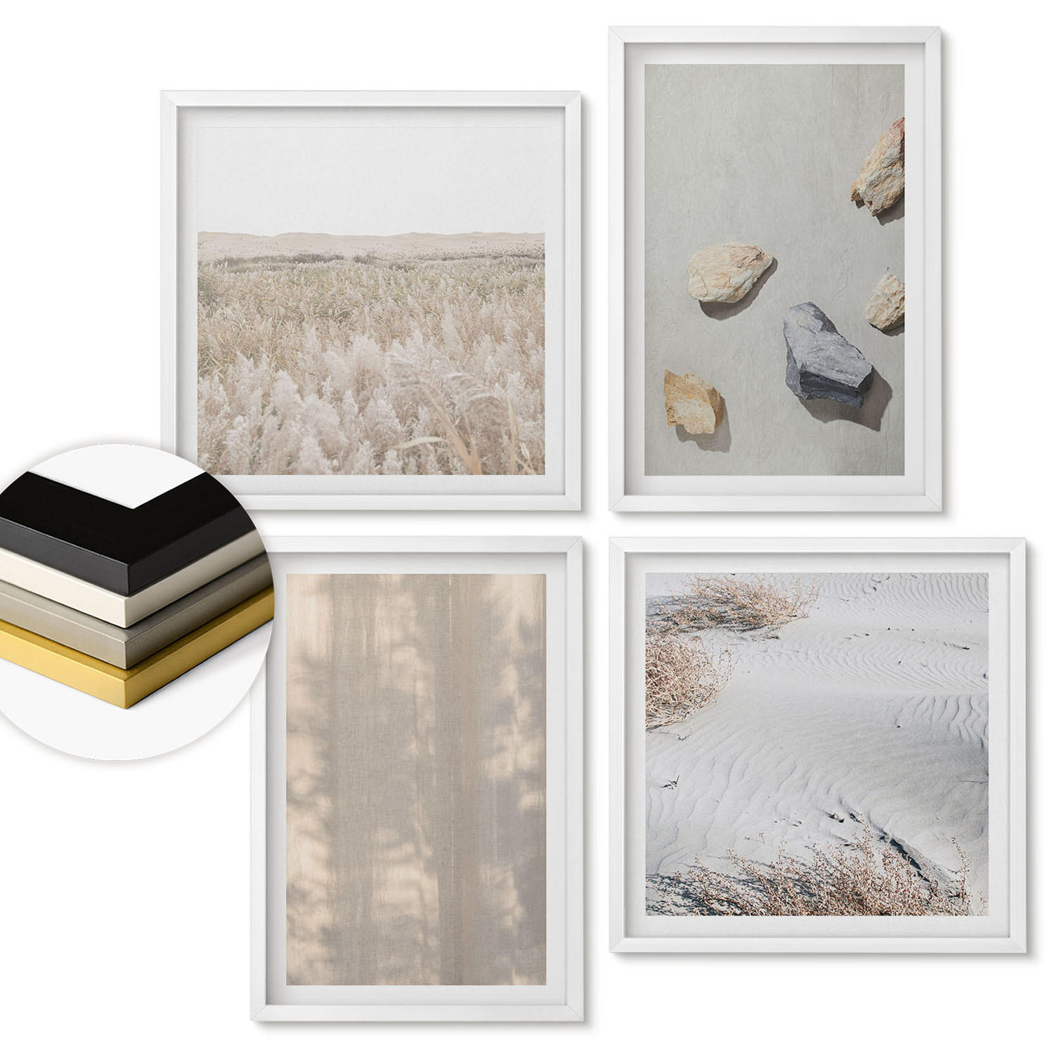 WANDBILDER 4er-Set - 50x50 cm & 40x60 cm Weißer Rahmen - Boho-Naturtexturen - Weiß, Kunststoff (50/50cm) - ArtPrintCave
