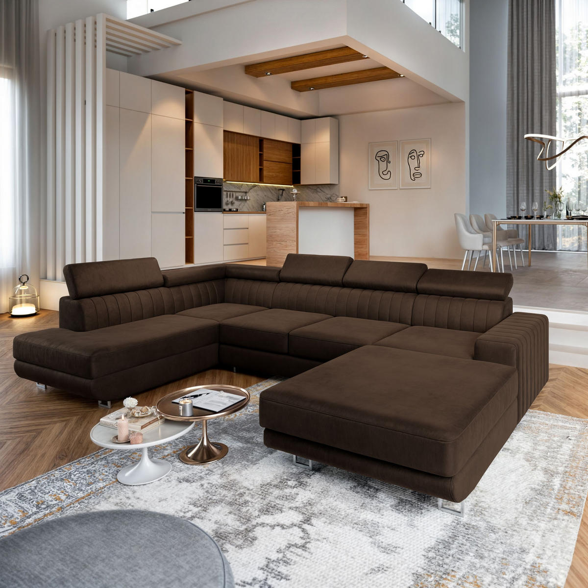 WOHNLANDSCHAFT SIENA L-S Braun Velours-Stoff mit Schlaffunktion - Braun, Holz (335/89/190cm) - MASSENO