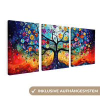 LEINWANDBILD - 3er Set - Bunt - Baum des Lebens - Blumen - Abstrakt - 90x40 - Blau, Textil (90/40cm) - MuchoWow
