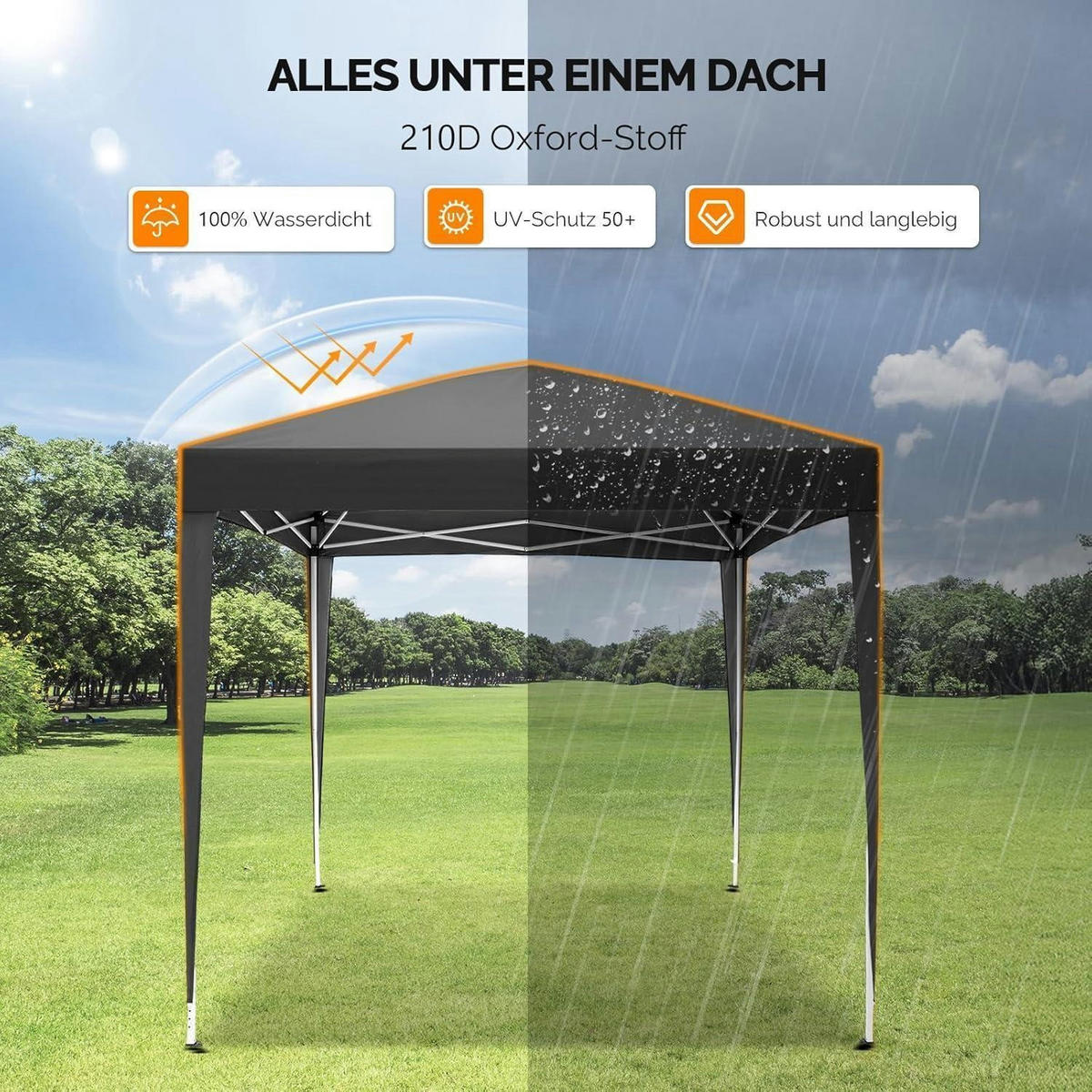 FALTPAVILLON 2 x 2 m Grau mit 4 Seitenteilen - Schwarz, Metall (200/245/200cm)