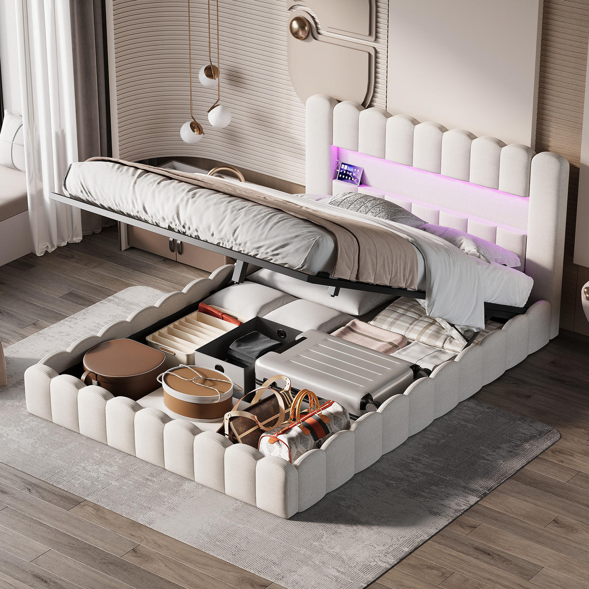 STAURAUMBETT 140x200 cm Doppelbett, mit USB-Anschluss und LED-Beleuchtung, Leinenstoff in Beige - Beige, Holz (140/200cm) - BRILVERDE