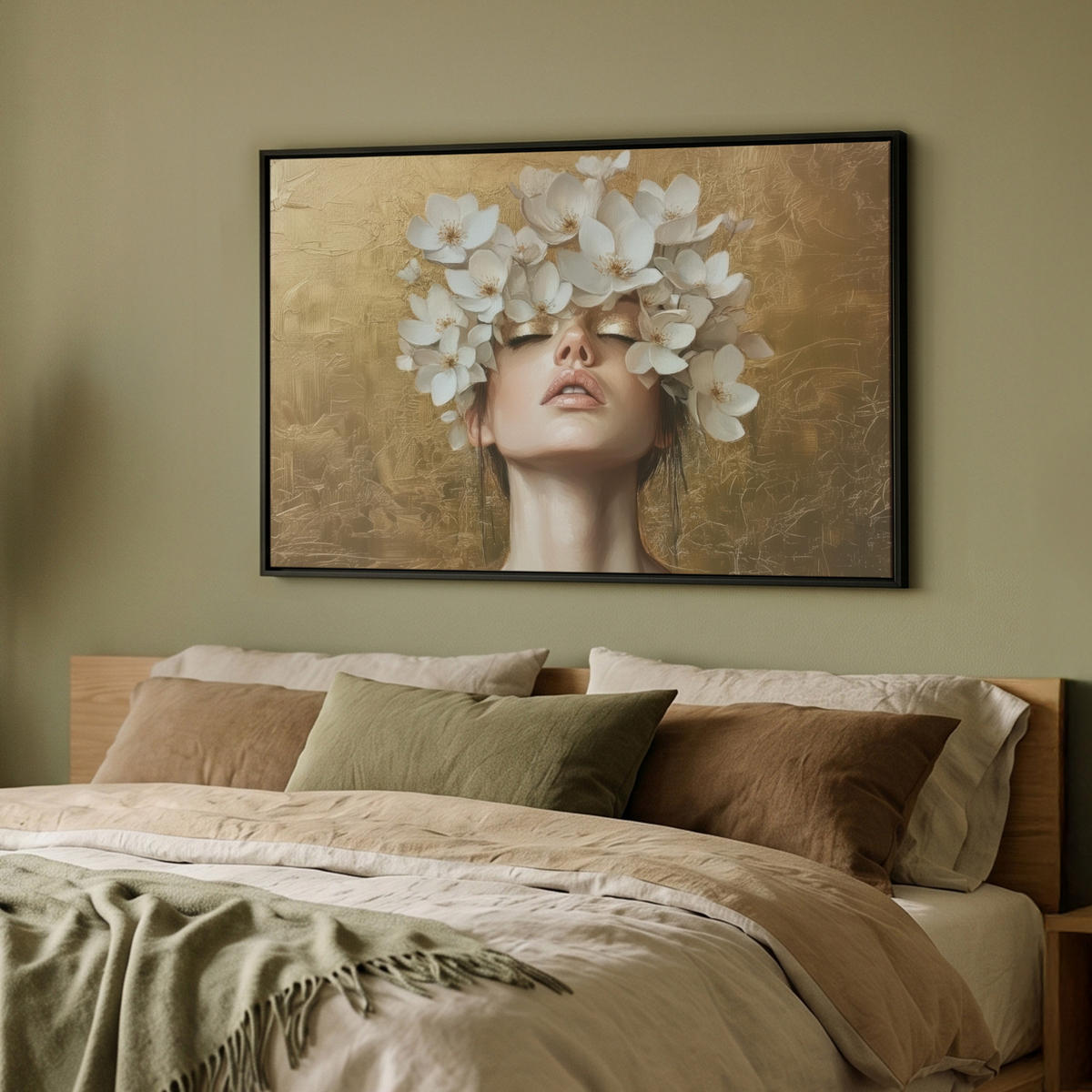 LEINWAND Bilder mit Rahmen - Gesicht - Blumen - Gold - Abstrakt - 90x60 - Goldfarben, Textil (90/60cm) - MuchoWow