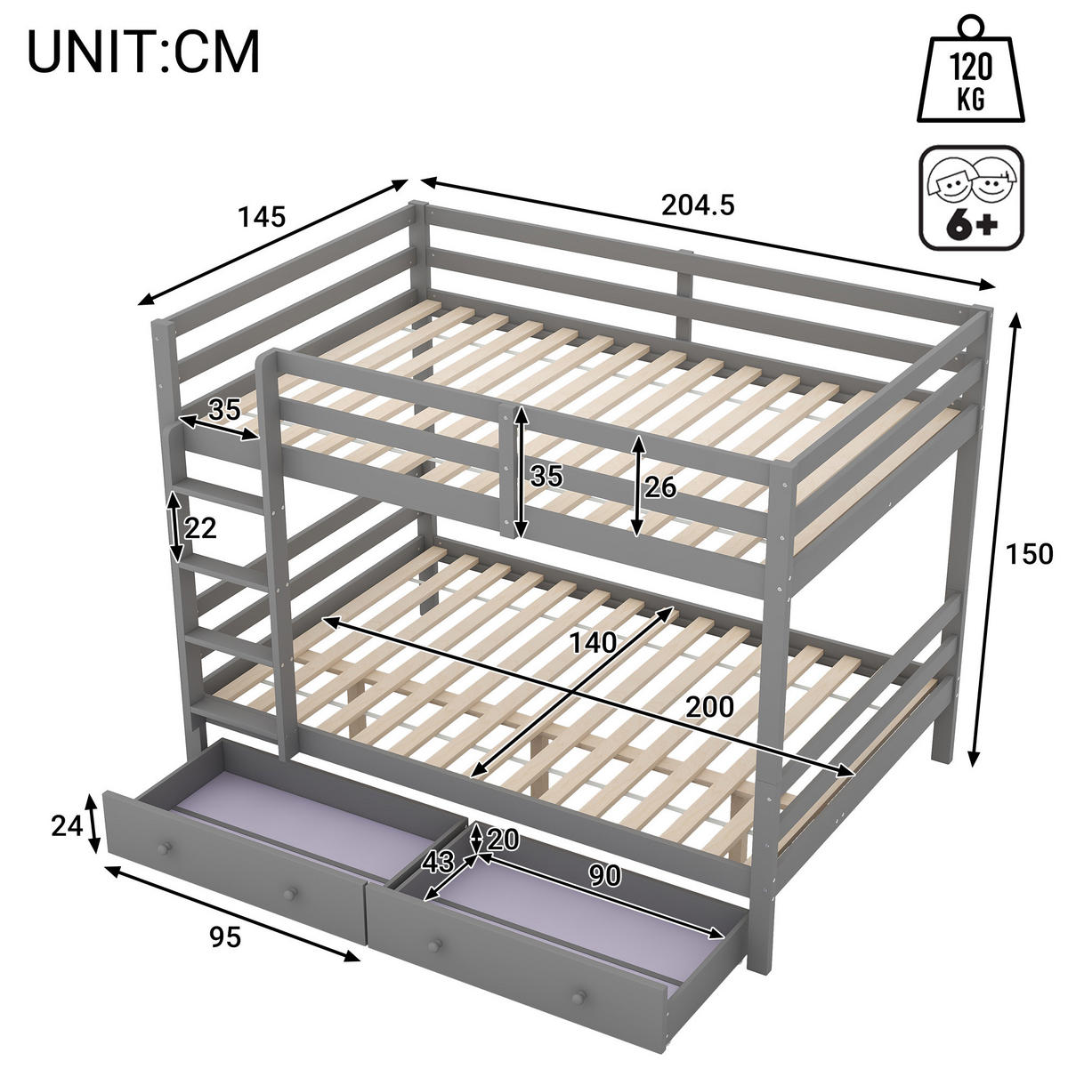 ETAGENBETT 140/200 cm grau mit Schubladen und hohem Geländer - Grau, Holz (140/200cm) - OKWISH