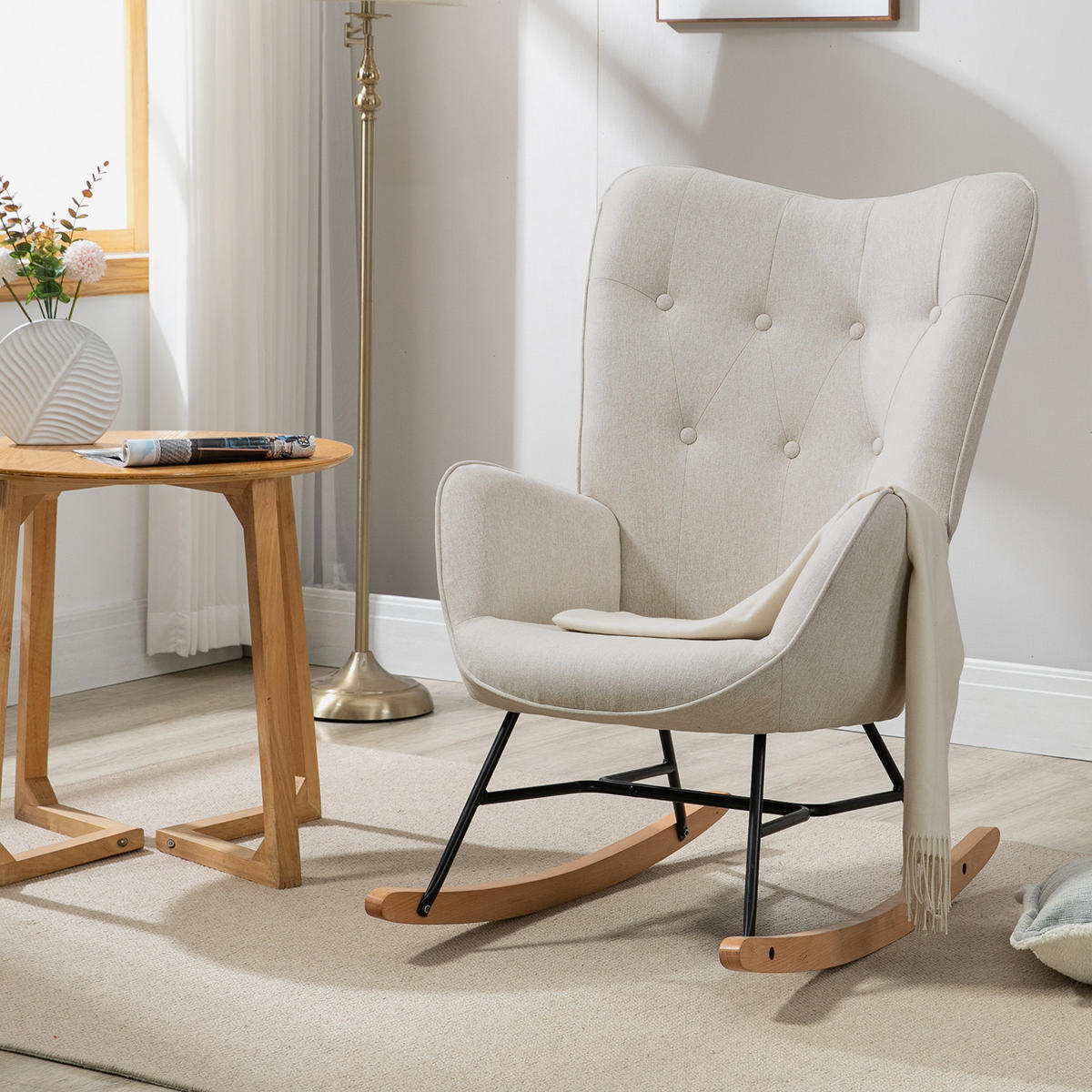 SCHAUKELSTUHL 2er-Set Beige mit Holzbeinen - Beige, Holz/Textil (66/97/84cm) - Meubles Cosy