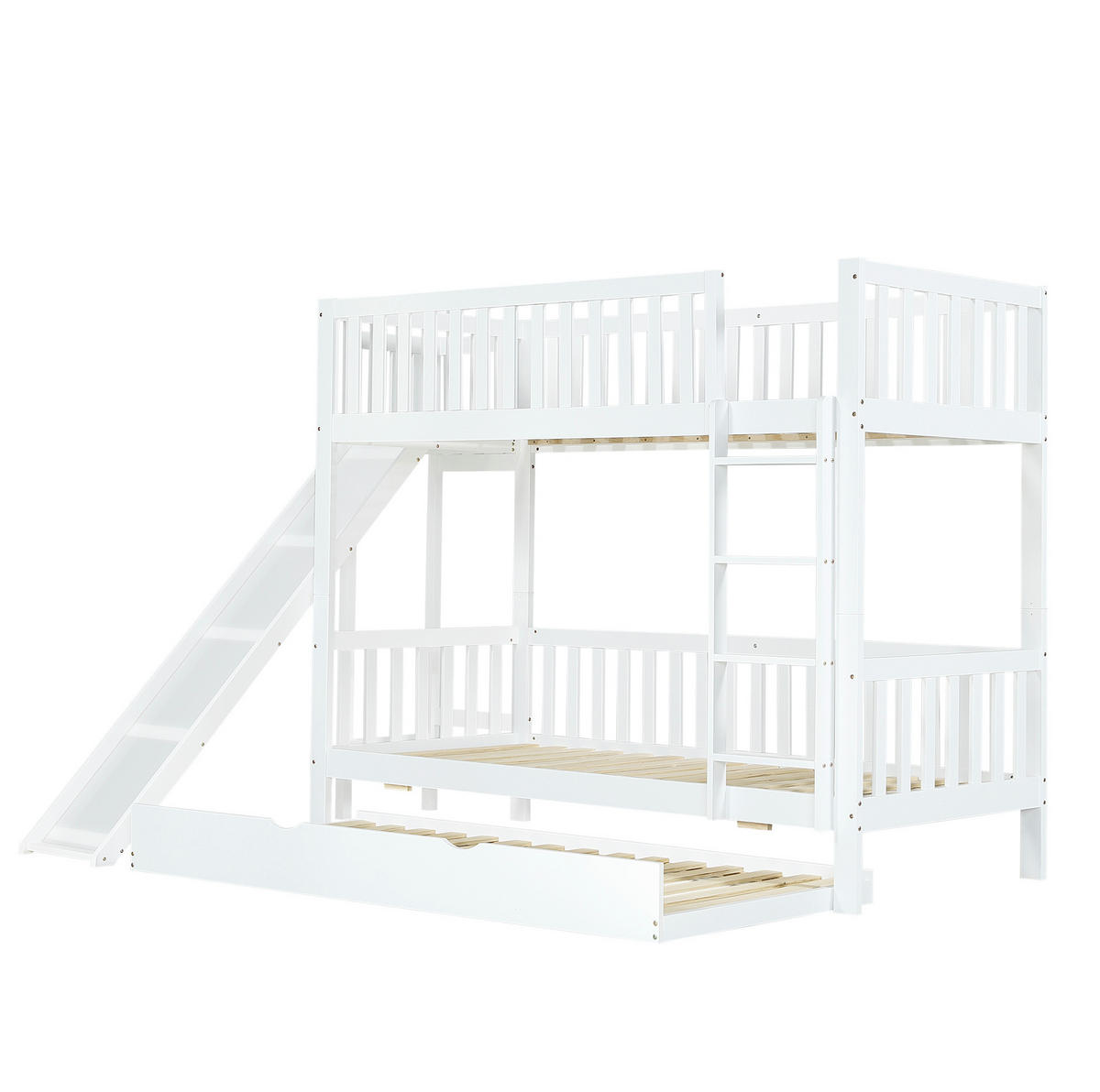 ETAGENBETT 90/200 cm mit Rollbett 90/190 cm, Rutsche, Regalen und 4-stufiger Leiter aus Kiefer/MDF, Weiß - Weiß, Holzwerkstoff (90/200cm) - Redom