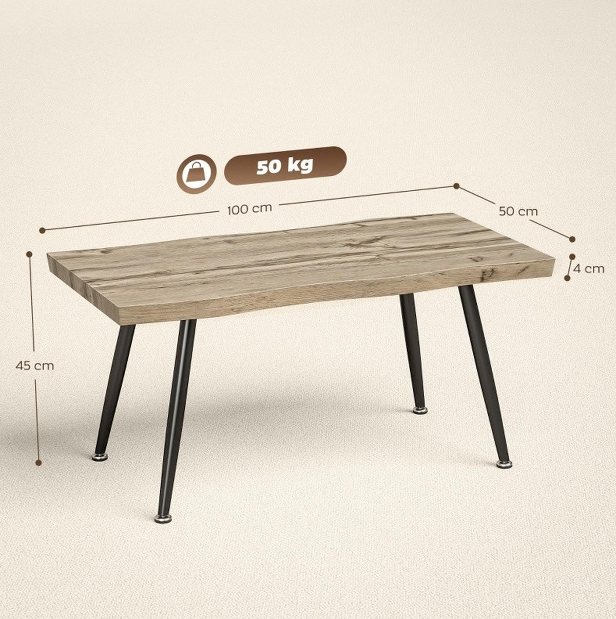 COUCHTISCH aus Holz 100x50x45 cm in Eiche mit Stahlbeinen - Eichefarben, Holzwerkstoff (100/50/45cm) - Modfu