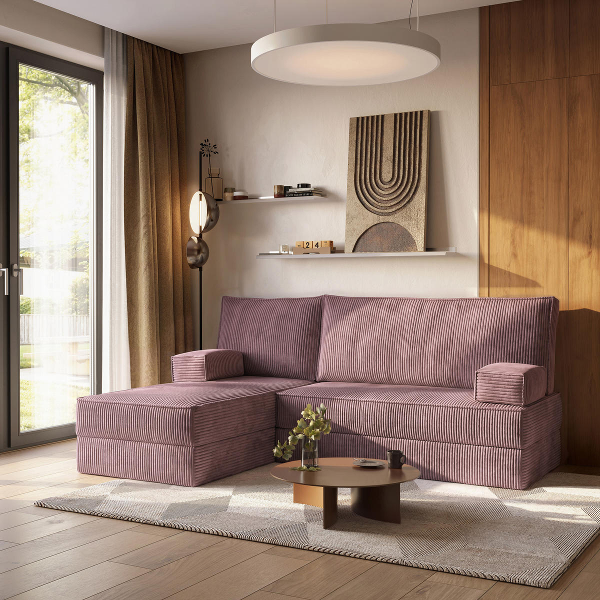ROHOVÁ SEDAČKA NOTIA modulární Boneless pohovka s funkcí spaní, šeříková POSO 130 - fialová, textil (200/120cm) - MASSENO