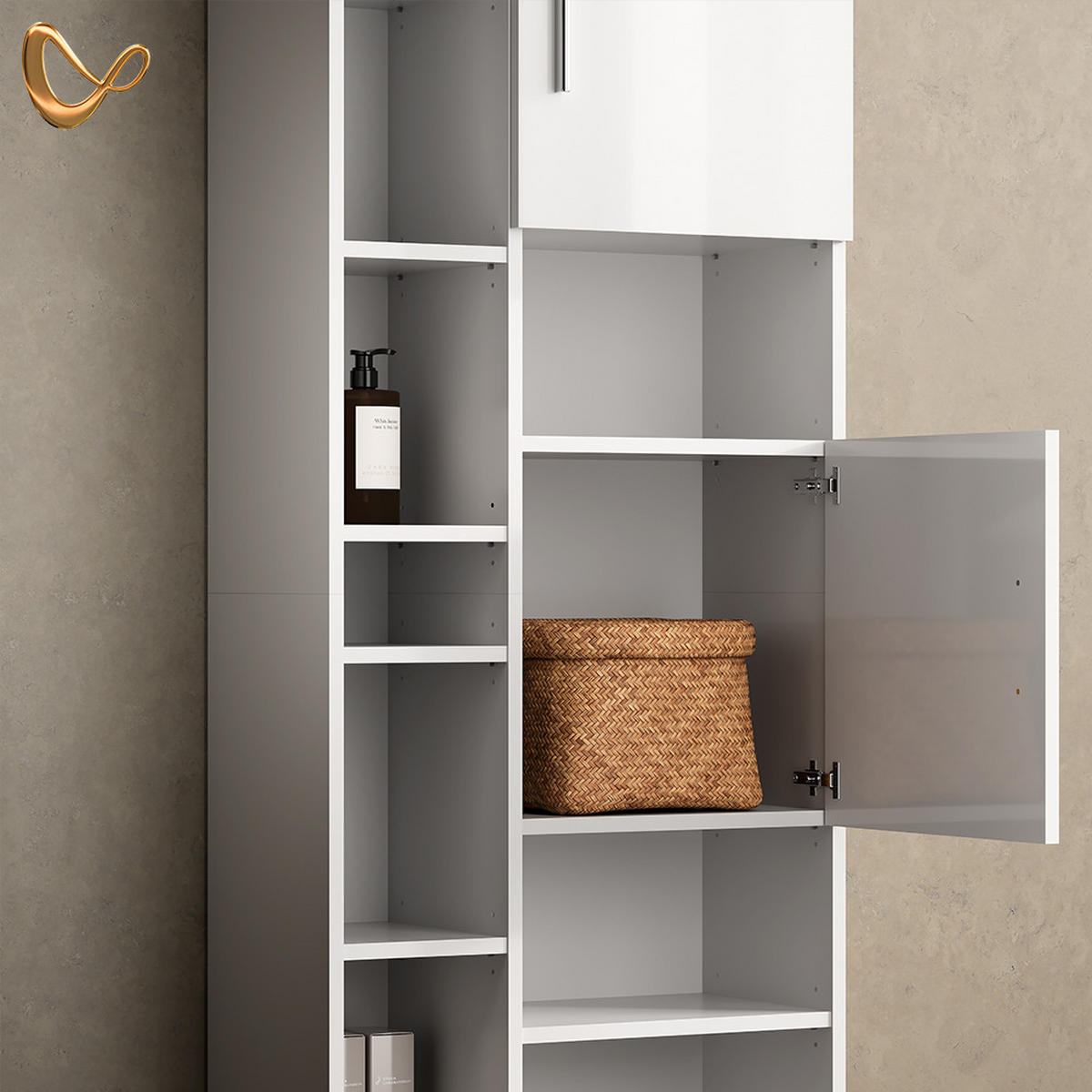 BADMÖBEL-SET Eisak Weiß Hochglanz 3 Teile, mit Hochschrank - Weiß Hochglanz/Weiß, Holzwerkstoff (80/60/33cm) - Livinity®