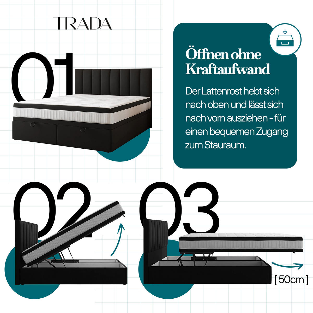 BOXSPRINGBETT BOND - Bett mit Matratze und Bettkasten - mit gestepptes Kopfteil - Schwarz - 140x200 cm - Schwarz, Textil (140/200cm) - Trada